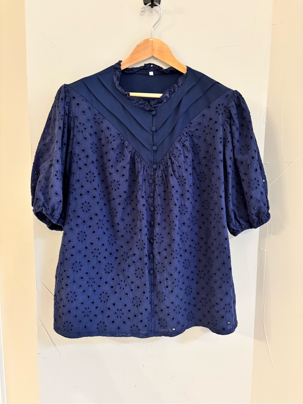 Navy Eyelet Puff Sleeve Blouse
